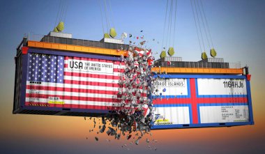 ABD ve Faroe Adaları bayraklı kargo konteynerleri - 3D illüstrasyon