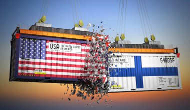 ABD ve Finlandiya bayraklı kargo konteynerleri - 3D illüstrasyon