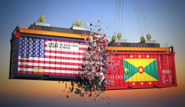 ABD ve Grenada bayraklı kargo konteynerleri - 3 boyutlu illüstrasyon