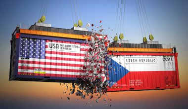 ABD ve Çek Cumhuriyeti bayraklı kargo konteynerleri - 3D illüstrasyon