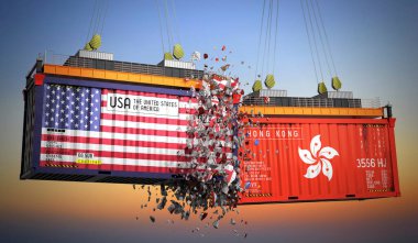 ABD ve Hong Kong bayraklı kargo konteynerleri - 3 boyutlu illüstrasyon