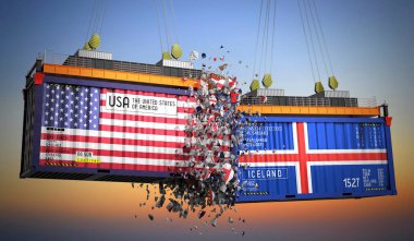 ABD ve İzlanda bayraklı kargo konteynerleri - 3 boyutlu illüstrasyon