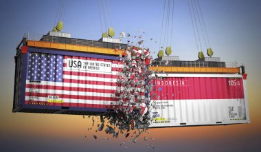 ABD ve Endonezya bayraklı kargo konteynerleri - 3 boyutlu illüstrasyon