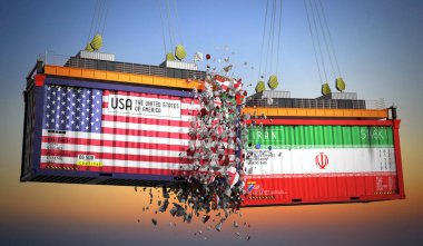 ABD ve İran bayraklı kargo konteynerleri - 3 boyutlu illüstrasyon