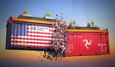 ABD ve Man Adası bayraklı kargo konteynerleri - 3 boyutlu illüstrasyon