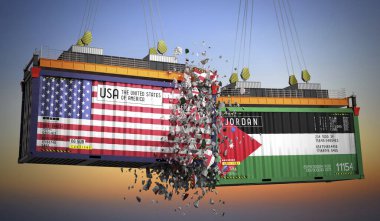 ABD ve Ürdün bayraklı kargo konteynerleri - 3D illüstrasyon