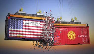 ABD ve Kırgızistan bayraklı kargo konteynerleri - 3 boyutlu illüstrasyon