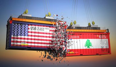 ABD ve Lübnan bayraklı kargo konteynerleri - 3 boyutlu illüstrasyon