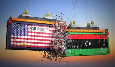 ABD ve Libya bayraklı kargo konteynerleri - 3D illüstrasyon