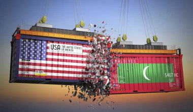 ABD ve Maldivler bayraklı kargo konteynerleri - 3D illüstrasyon