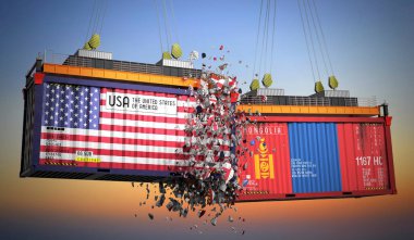 ABD ve Moğolistan bayraklı kargo konteynerleri - 3 boyutlu illüstrasyon