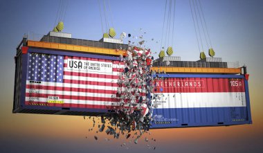 ABD ve Hollanda bayraklı kargo konteynerleri - 3D illüstrasyon