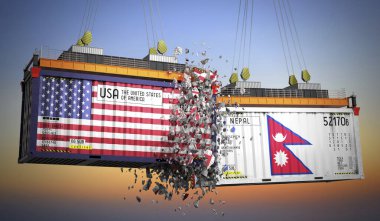 ABD ve Nepal bayraklı kargo konteynerleri - 3 boyutlu illüstrasyon