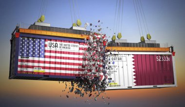 ABD ve Katar bayraklı kargo konteynerleri - 3D illüstrasyon