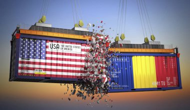 ABD ve Romanya bayraklı kargo konteynerleri - 3D illüstrasyon