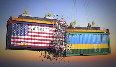 ABD ve Ruanda bayraklı kargo konteynerleri - 3 boyutlu illüstrasyon