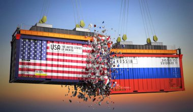 ABD ve Rusya bayraklı kargo konteynerleri - 3D illüstrasyon