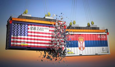 ABD ve Sırbistan bayraklı kargo konteynerleri - 3D illüstrasyon