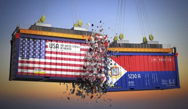 ABD ve Sint Maarten bayraklı kargo konteynerleri - 3 boyutlu illüstrasyon