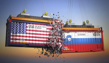 ABD ve Slovenya bayraklı kargo konteynerleri - 3D illüstrasyon