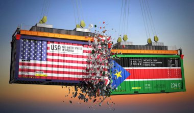 ABD ve Güney Sudan bayraklı kargo konteynerleri - 3 boyutlu illüstrasyon