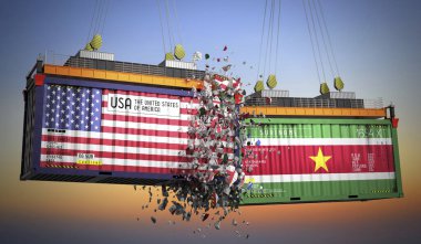 ABD ve Surinam bayraklı kargo konteynerleri - 3 boyutlu illüstrasyon