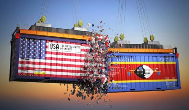 ABD ve Eswatini bayraklı kargo konteynerleri - 3 boyutlu illüstrasyon