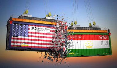 ABD ve Tacikistan bayraklı kargo konteynerleri - 3 boyutlu illüstrasyon