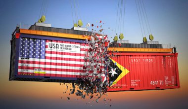 ABD ve Doğu Timor bayraklı kargo konteynerleri - 3D illüstrasyon