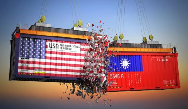 ABD ve Tayvan bayraklı kargo konteynerleri - 3 boyutlu illüstrasyon