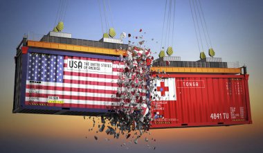 ABD ve Tonga bayraklı kargo konteynerleri - 3 boyutlu illüstrasyon