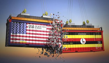 ABD ve Uganda bayraklı kargo konteynerleri - 3 boyutlu illüstrasyon