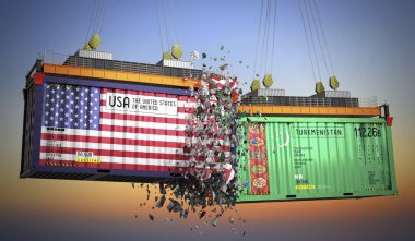 ABD ve Türkmenistan bayraklı kargo konteynerleri - 3D illüstrasyon