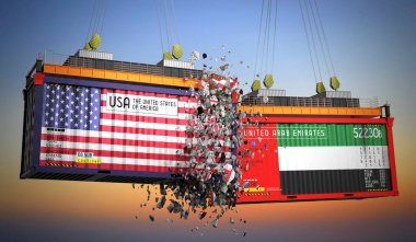 ABD ve Birleşik Arap Emirlikleri bayraklı kargo konteynerleri - 3 boyutlu illüstrasyon