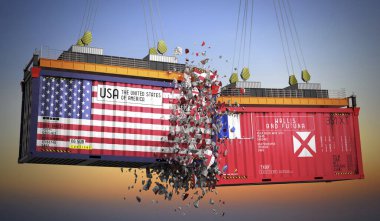 ABD, Wallis ve Futuna bayraklı kargo konteynerleri - 3 boyutlu illüstrasyon