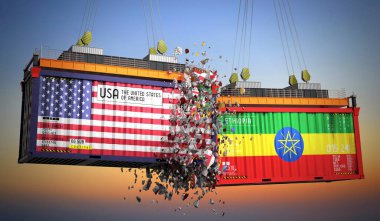 ABD ve Etiyopya bayraklı kargo konteynerleri - 3 boyutlu illüstrasyon