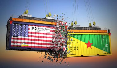 ABD ve Fransız Guyanası bayraklı kargo konteynerleri - 3 boyutlu illüstrasyon