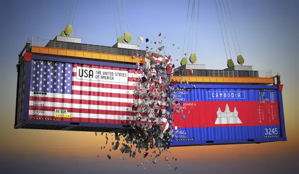 ABD ve Kamboçya bayraklı kargo konteynerleri - 3 boyutlu illüstrasyon
