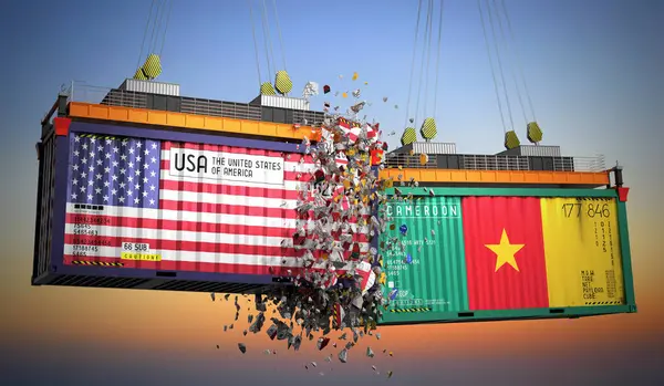 ABD ve Kamerun bayraklı kargo konteynerleri - 3 boyutlu illüstrasyon