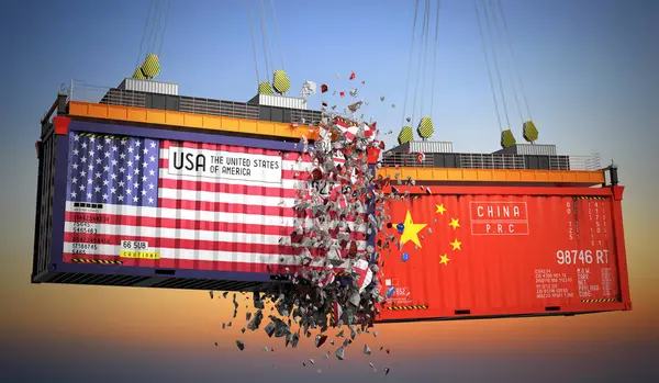 ABD ve Çin bayraklı kargo konteynerleri - 3D illüstrasyon