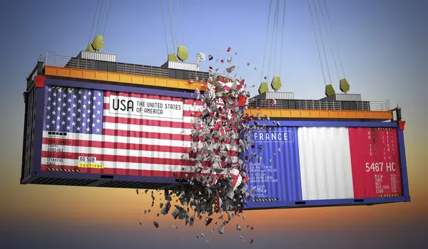 ABD ve Fransa bayraklı kargo konteynerleri - 3D illüstrasyon