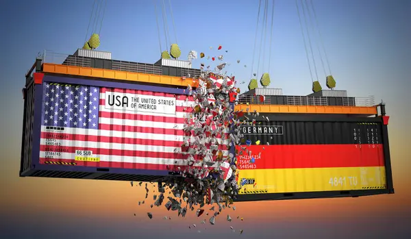 ABD ve Almanya bayraklı kargo konteynerleri - 3D illüstrasyon
