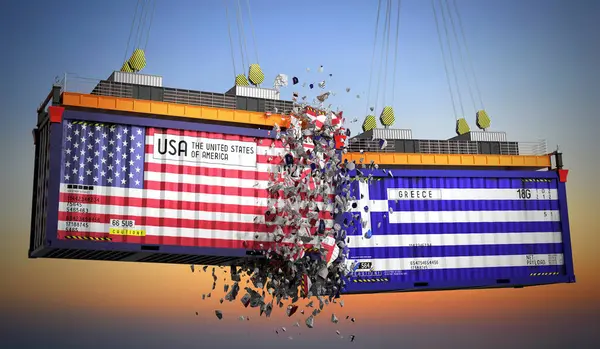 ABD ve Yunanistan bayraklı kargo konteynerleri - 3D illüstrasyon