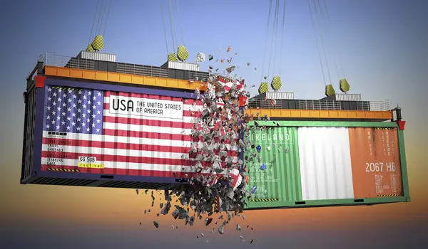 ABD ve İrlanda bayraklı kargo konteynerleri - 3D illüstrasyon