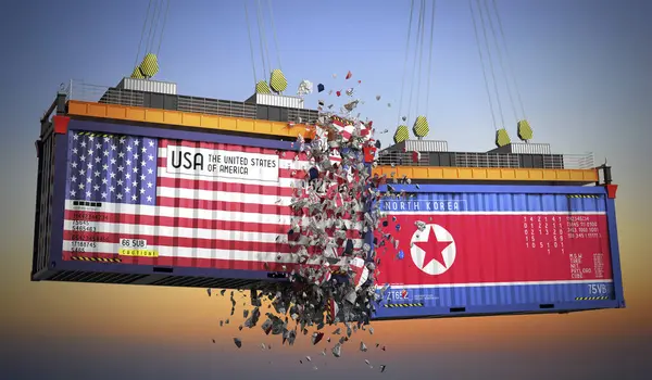 ABD ve Kuzey Kore bayraklı kargo konteynerleri - 3 boyutlu illüstrasyon