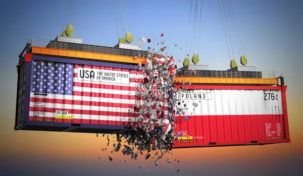 ABD ve Polonya bayraklı kargo konteynerleri - 3D illüstrasyon