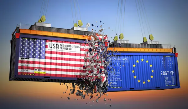ABD ve Avrupa Birliği bayraklı kargo konteynerleri - 3D illüstrasyon