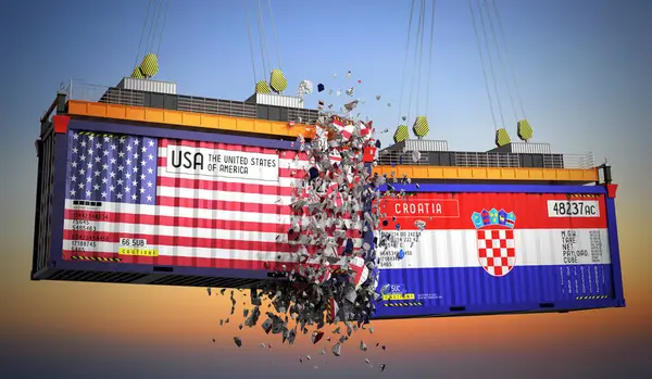 ABD ve Hırvatistan bayraklı kargo konteynerleri - 3D illüstrasyon