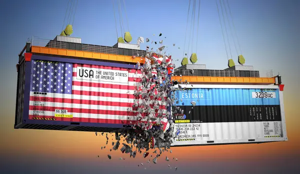 ABD ve Estonya bayraklı kargo konteynerleri - 3D illüstrasyon