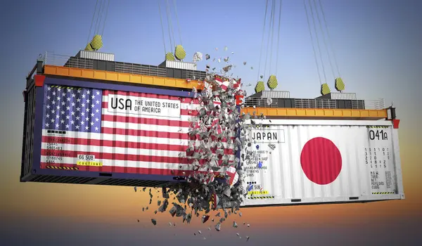 ABD ve Japonya bayraklı kargo konteynerleri - 3D illüstrasyon
